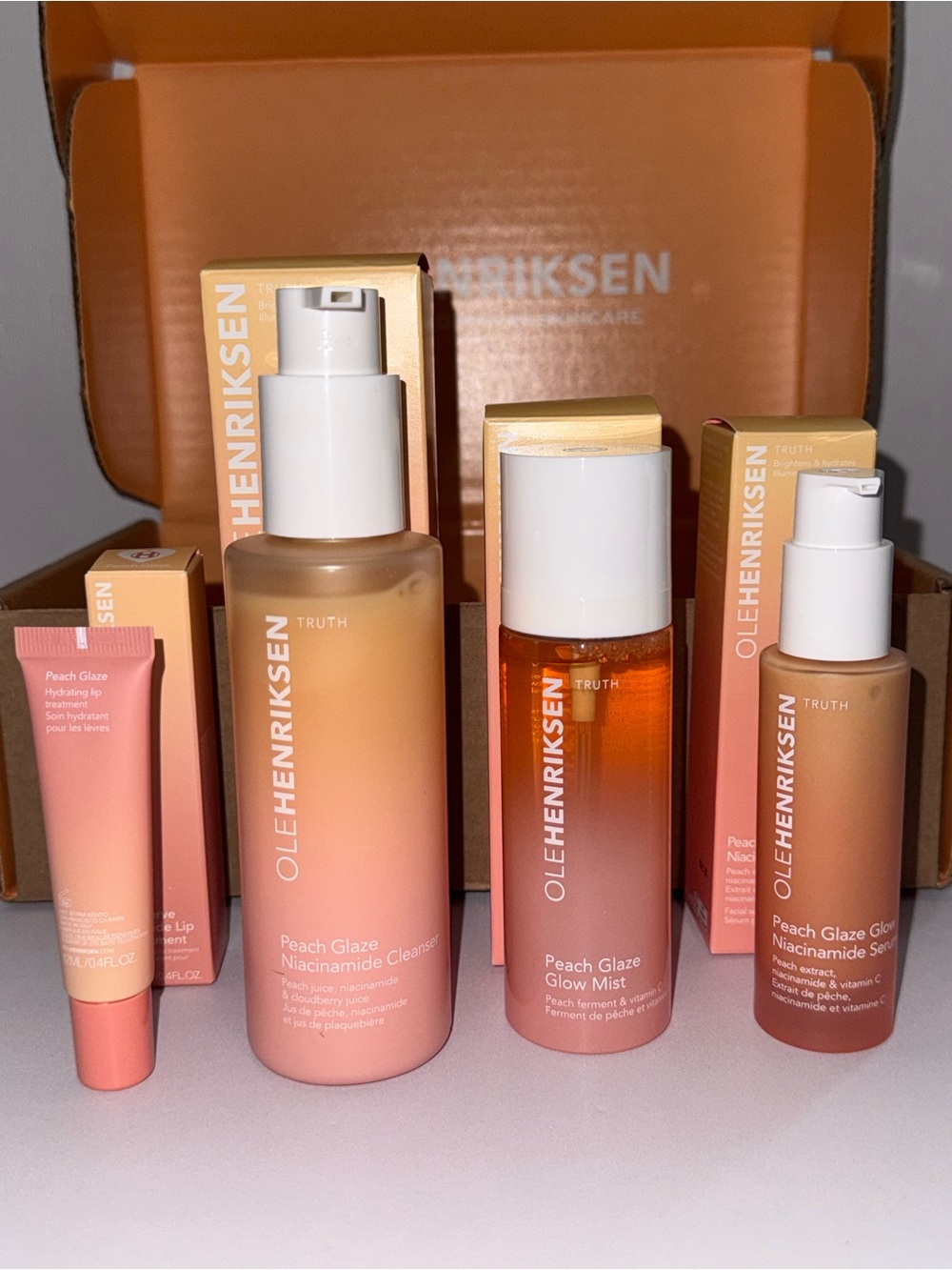 Olehenriksen Truth Peach Glaze Skincare Lot Cleanser Serum Mist Lip Balm 4pc